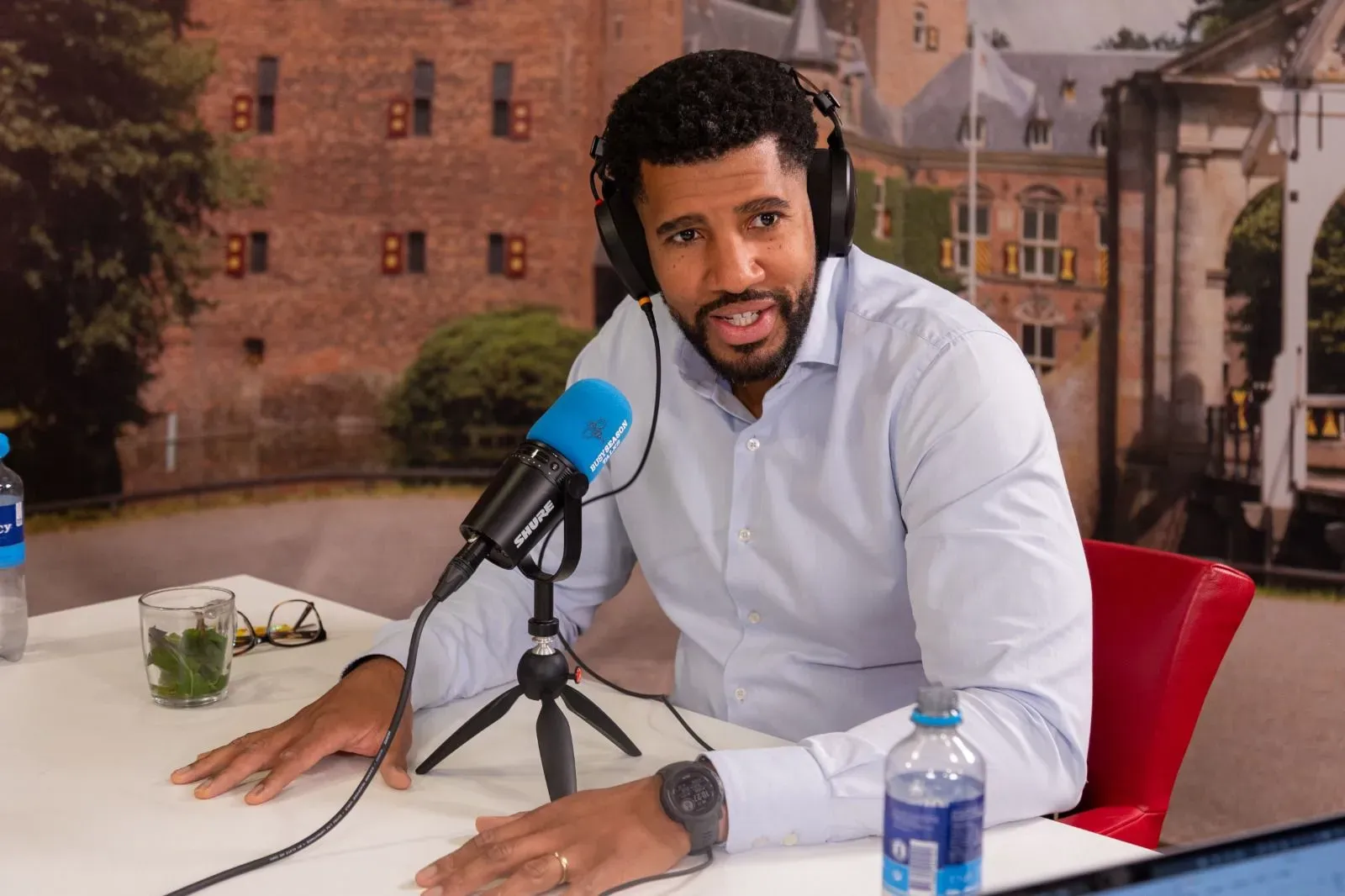 Podcast microphones in the studio during a BusySeasonTalks recording