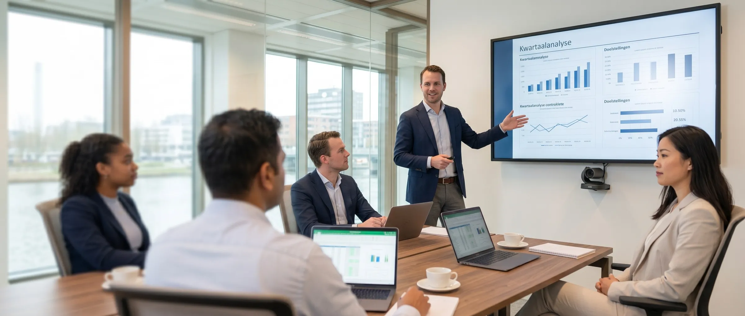 Controleleider presenteert kwartaalanalyse aan auditkantoor-team