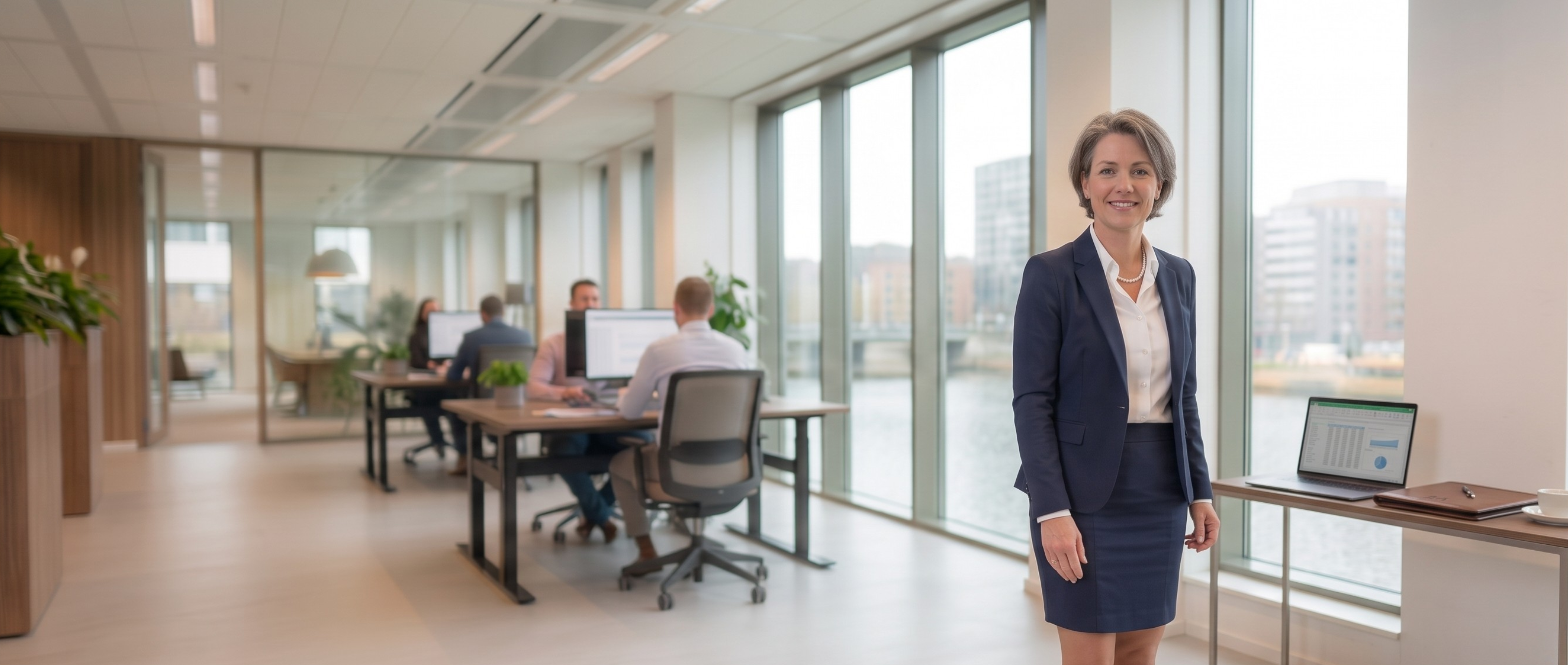 Partner Audit staand in een modern kantoor met uitzicht op de stad