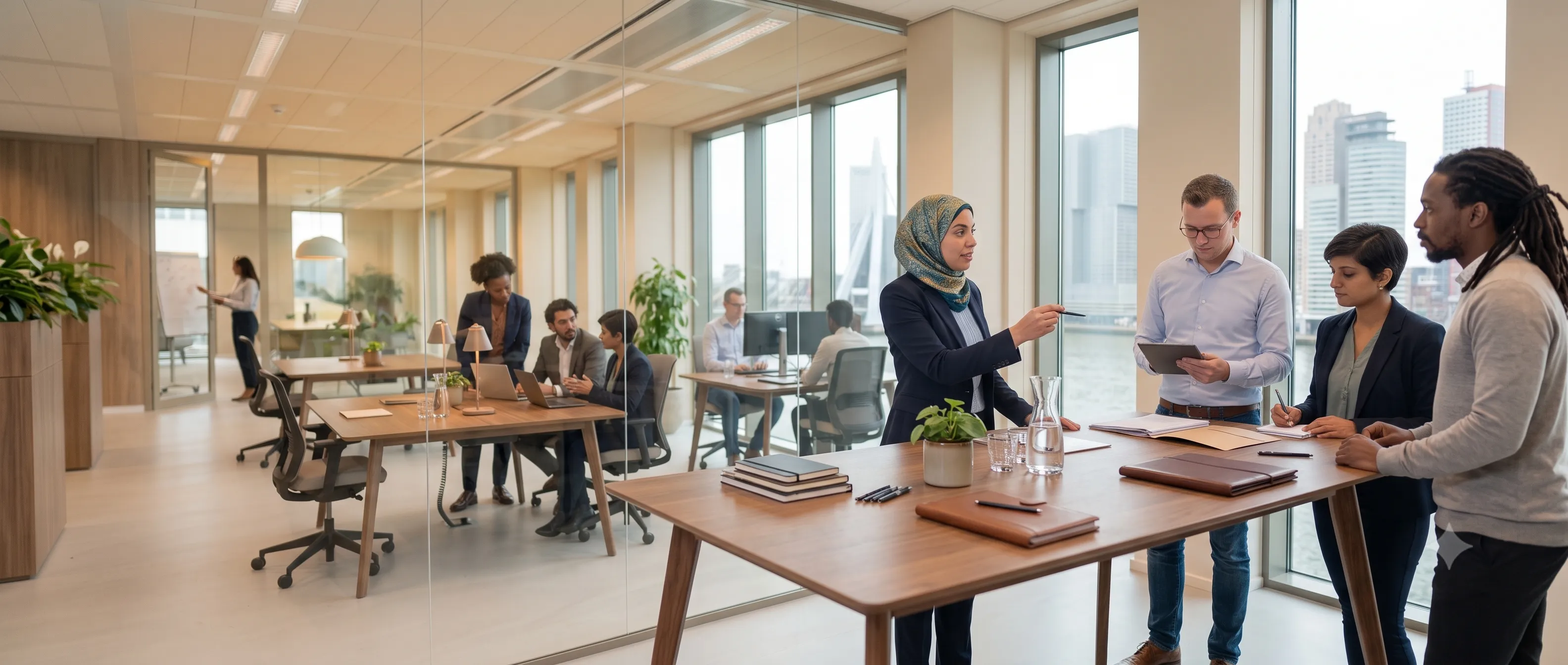 Supervisor Audit bespreekt dossier met collega's in modern kantoor