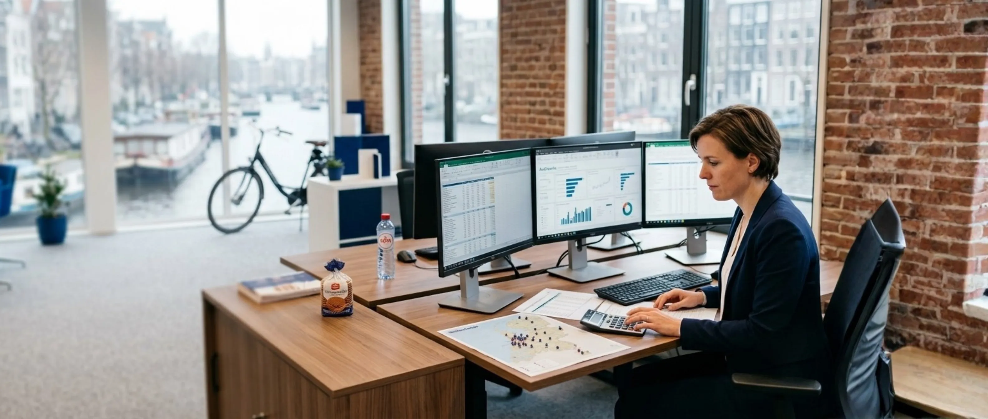 FP&A analyst working on financial analyses on multiple screens