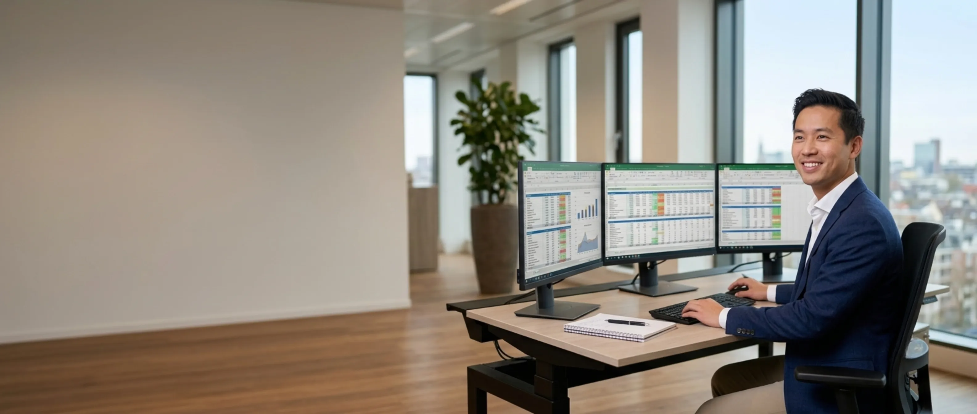Financial controller working behind three screens with financial data