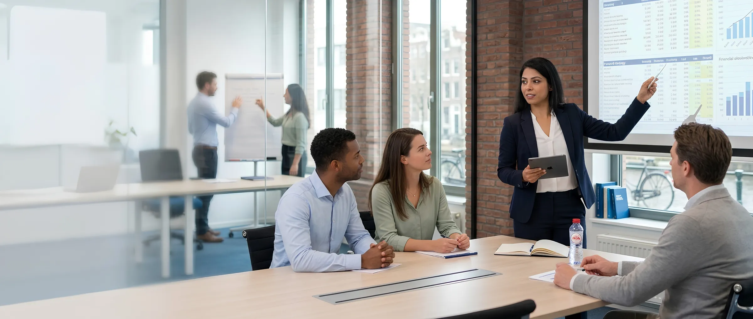 Manager bespreekt financiële data met collega’s tijdens een vergadering