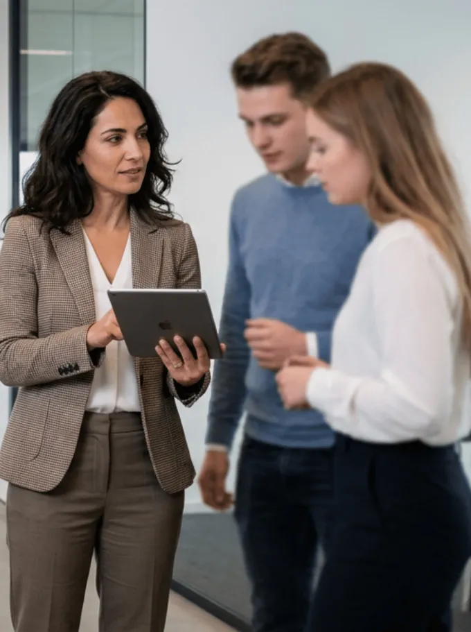 Adviseur bespreekt iets op tablet met twee collega's