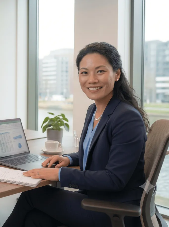 Auditor aan het werk met laptop en notities in een licht kantoor