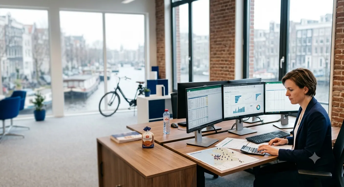 Auditor working at a desk with multiple monitors in a light modern office by the water