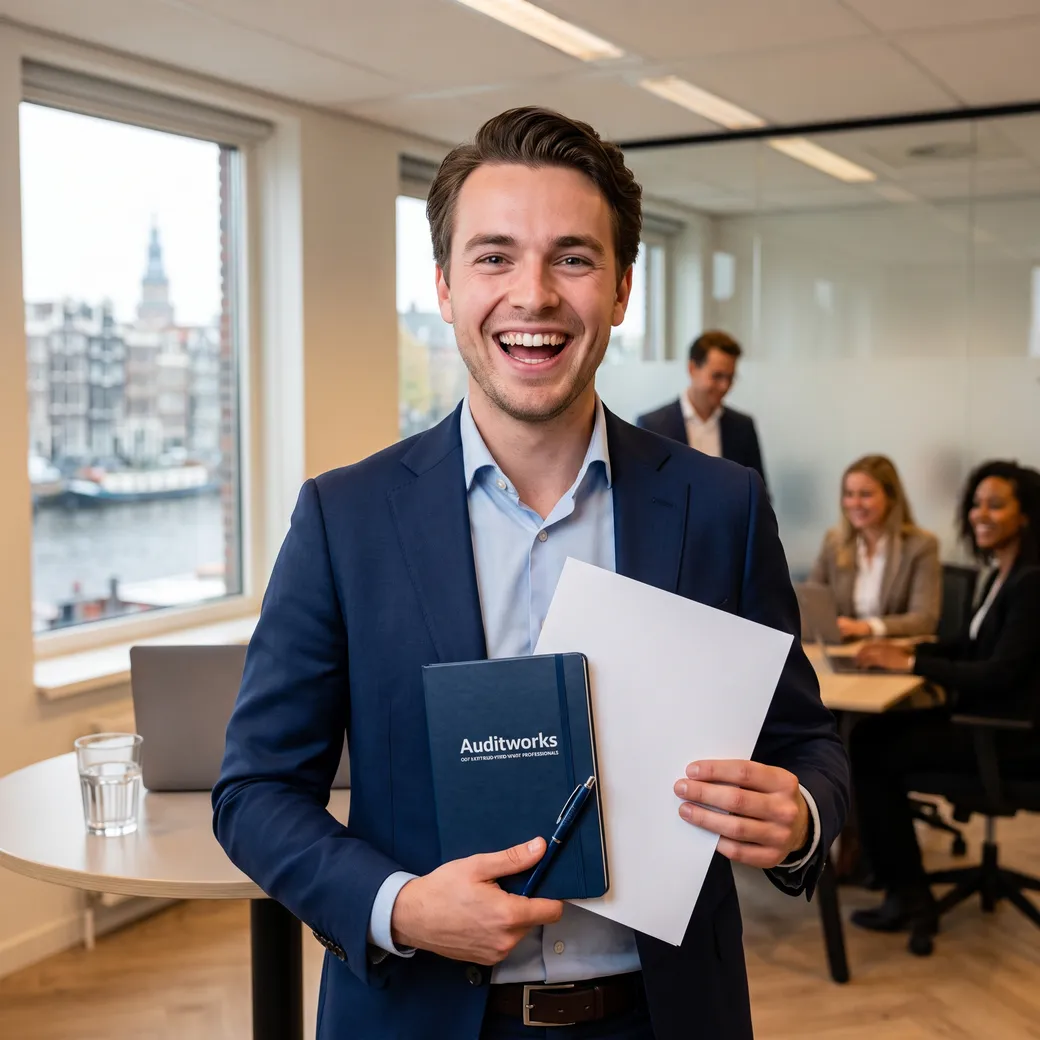 Smiling auditor with Auditworks notebook in office environment
